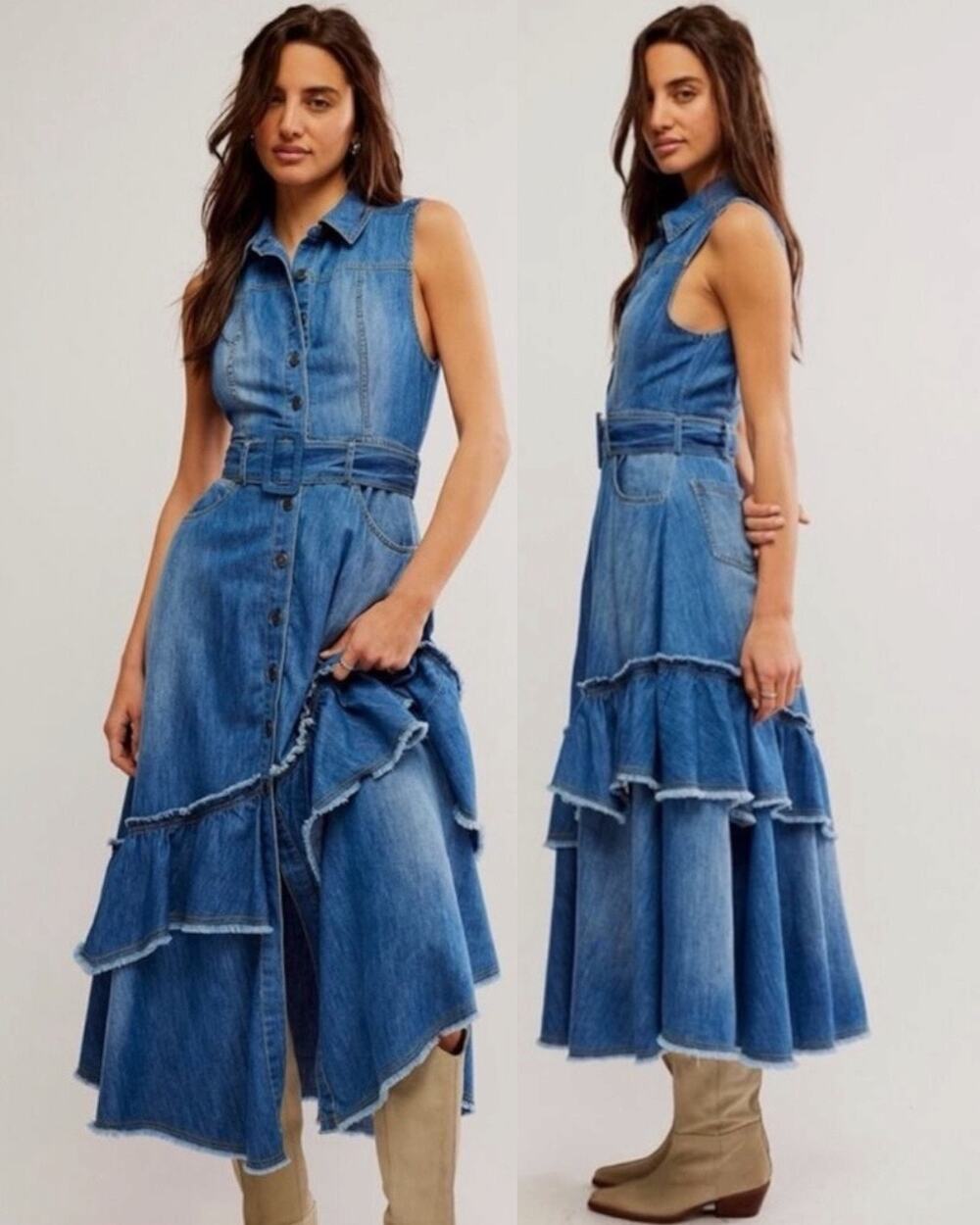 Free People Western Bohemian Ruffle Denim Midi Maxi Dress Belted Cowgirl Small